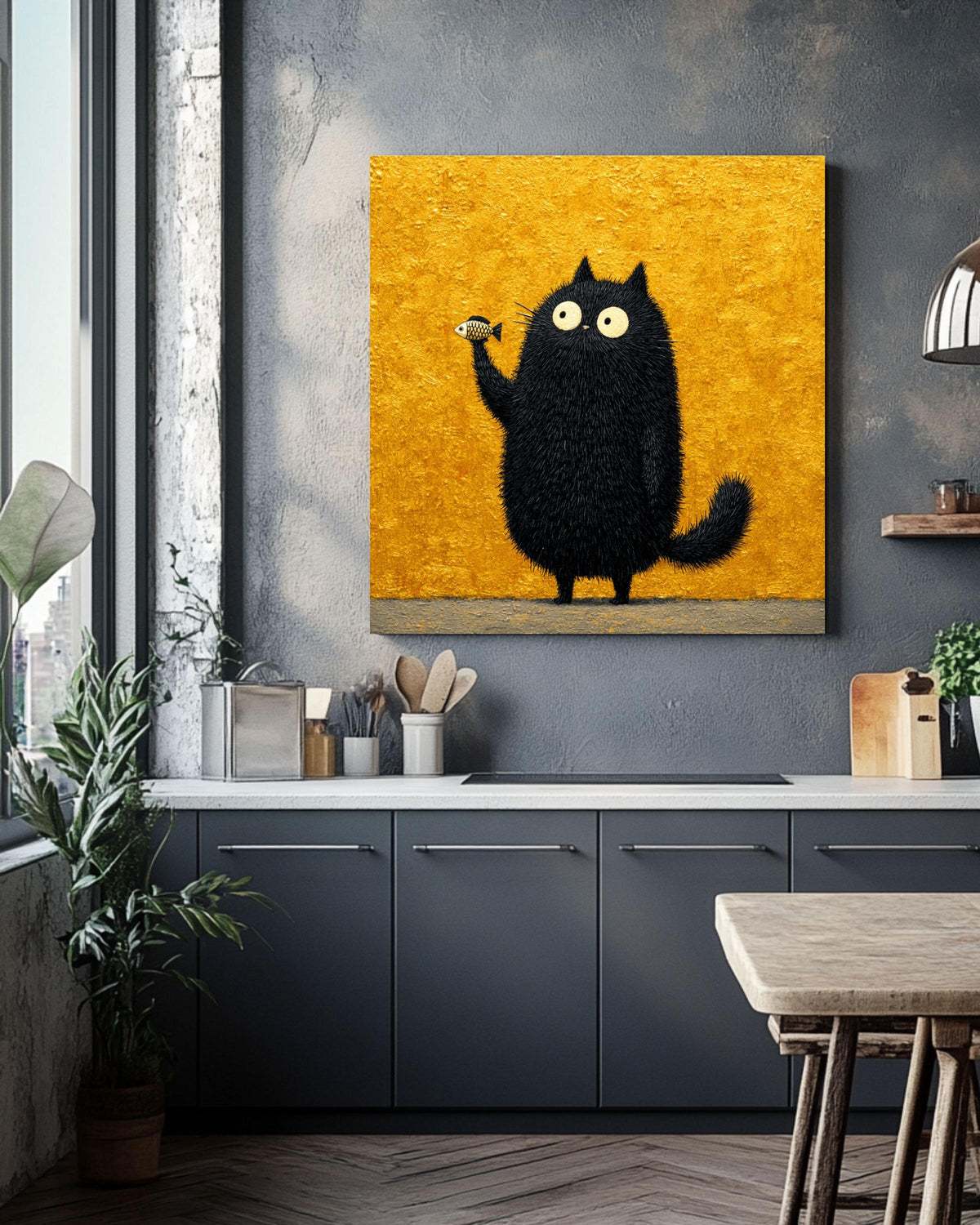 Funny Black Cat Fish Canvas Print, Whimsical Animal Wall Art