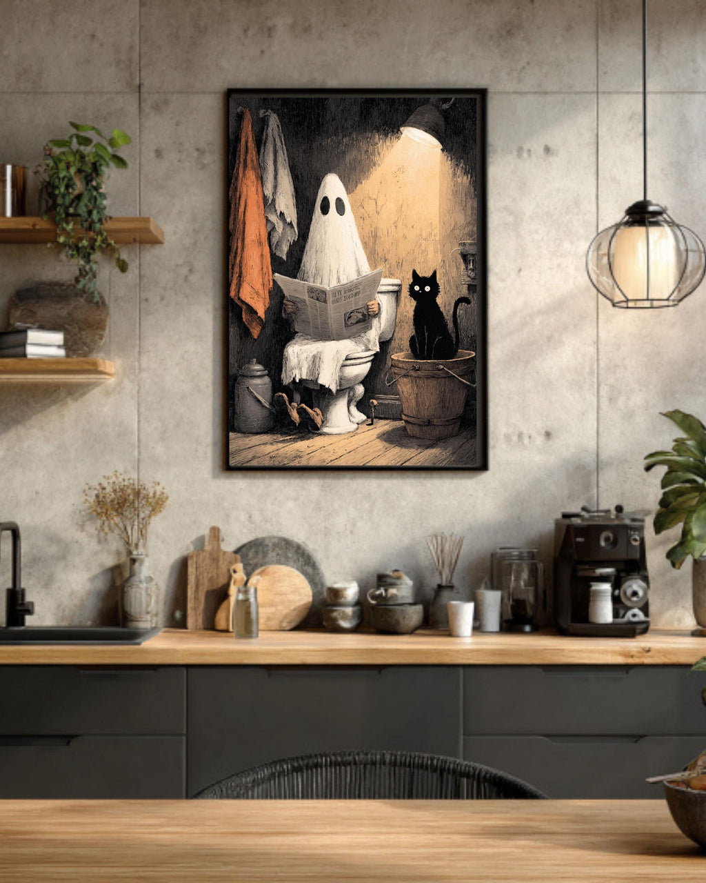 Funny Ghost Cat Toilet Canvas Print, Quirky Bathroom Halloween Decor