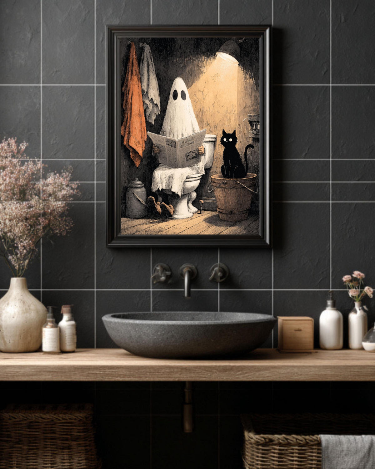 Funny Ghost Cat Toilet Canvas Print, Quirky Bathroom Halloween Decor