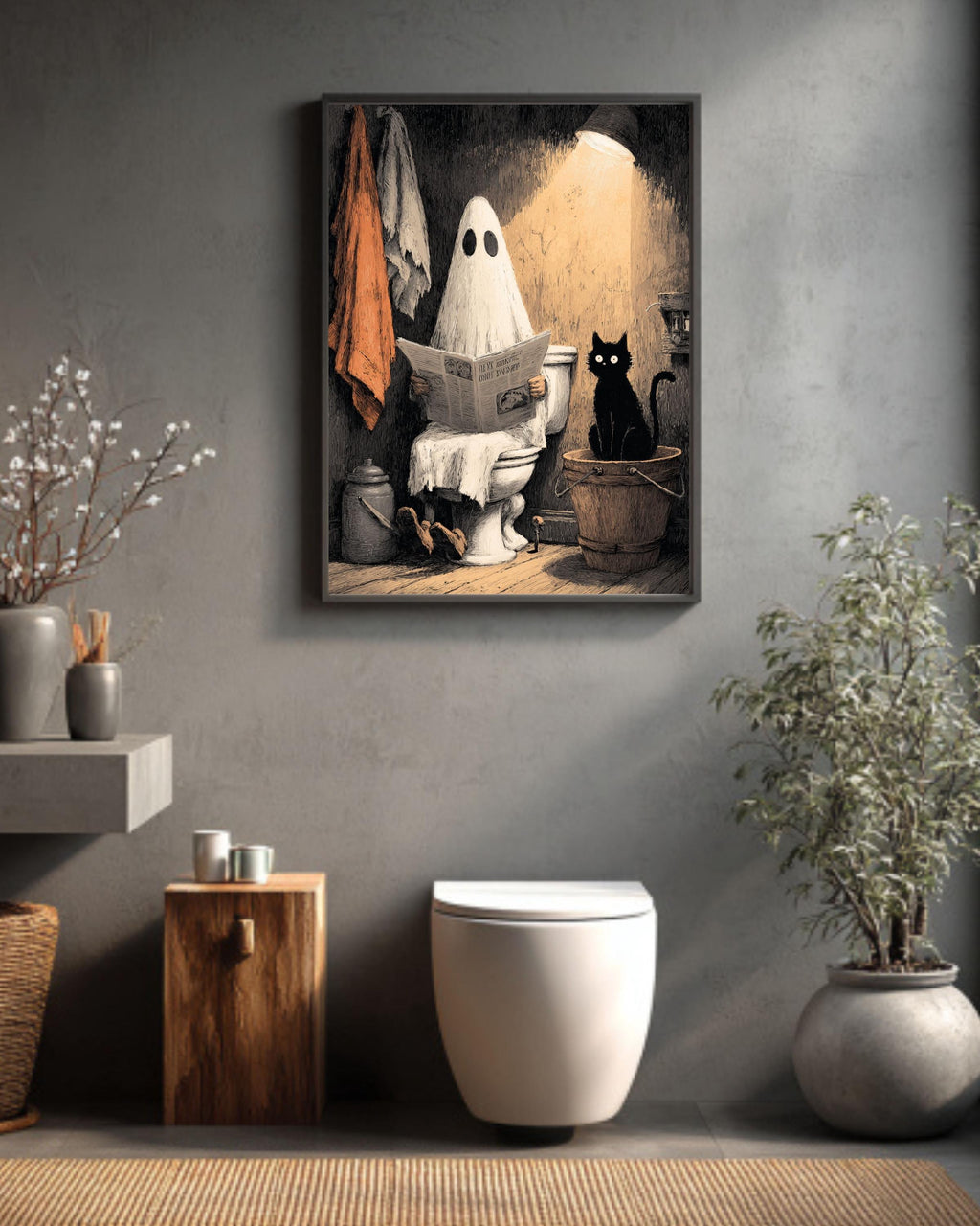 Funny Ghost Cat Toilet Canvas Print, Quirky Bathroom Halloween Decor