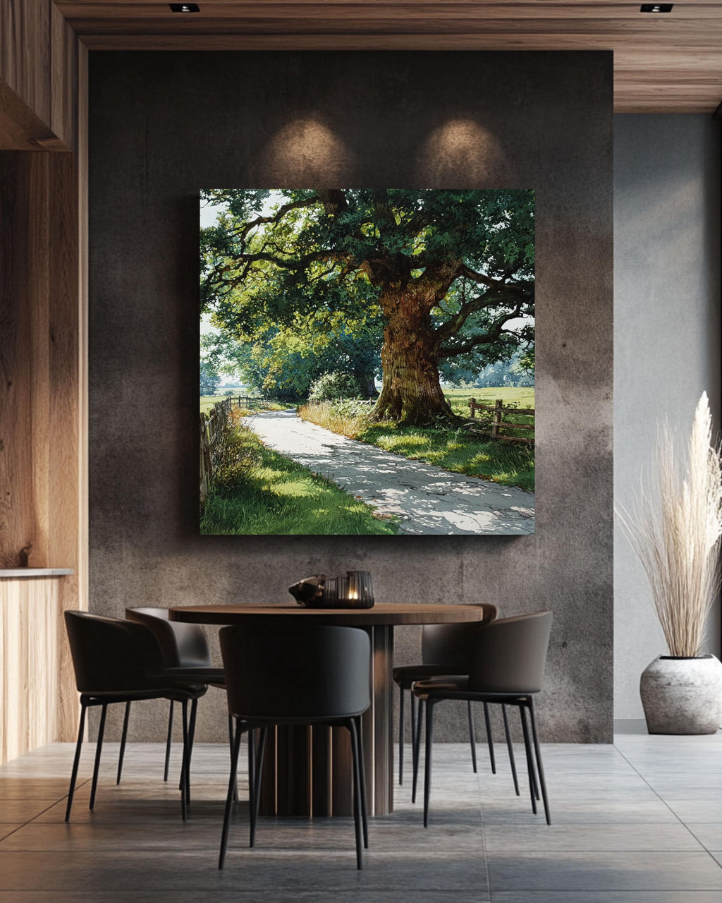 Old Oak Tree Canvas Print, Country Road Landscape, Farmhouse Wall Art