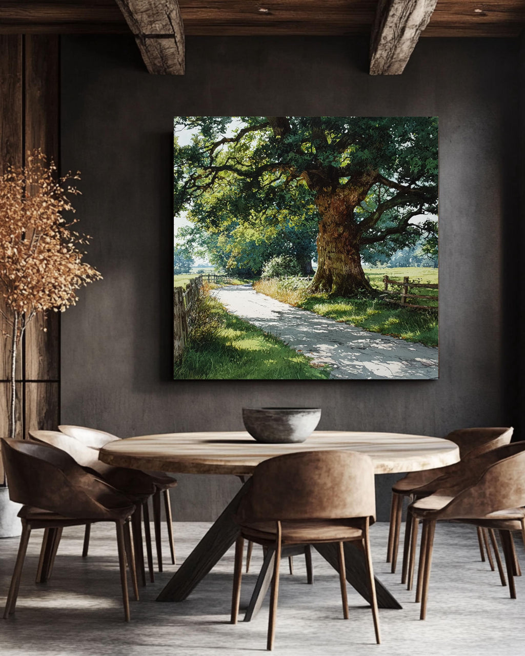Old Oak Tree Canvas Print, Country Road Landscape, Farmhouse Wall Art