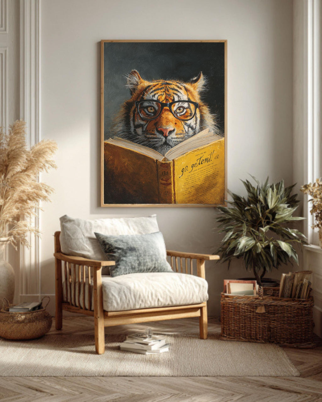 Smart Tiger Reading Book Canvas, Quirky Animal Portrait, Librarian Gift, Office Decor, Humorous Art