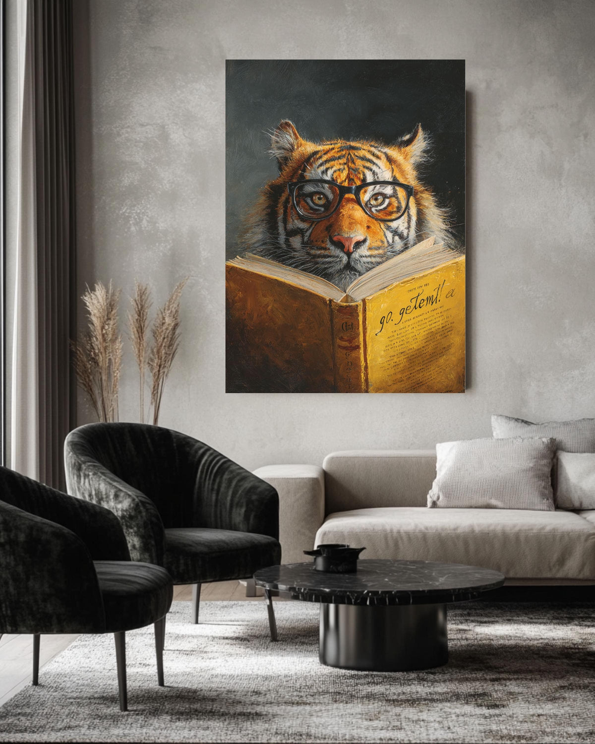 Smart Tiger Reading Book Canvas, Quirky Animal Portrait, Librarian Gift, Office Decor, Humorous Art