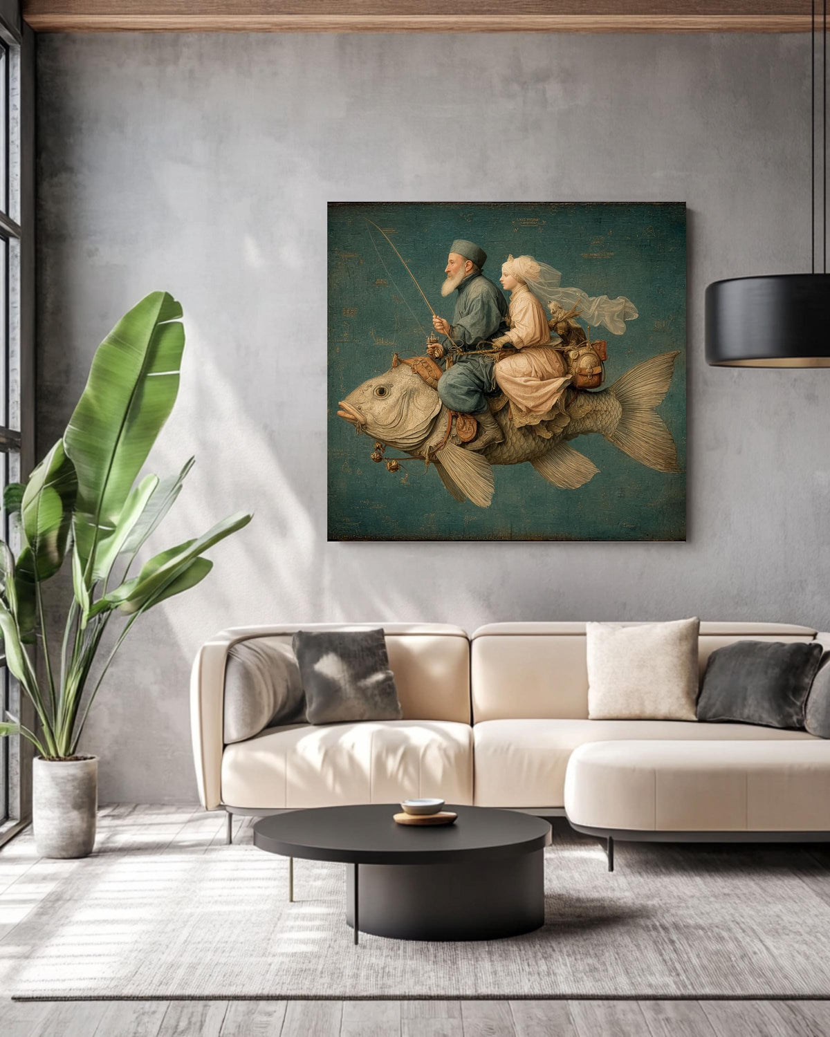 Vintage Fish Rider Canvas Print: Retro Surrealist Wall Art