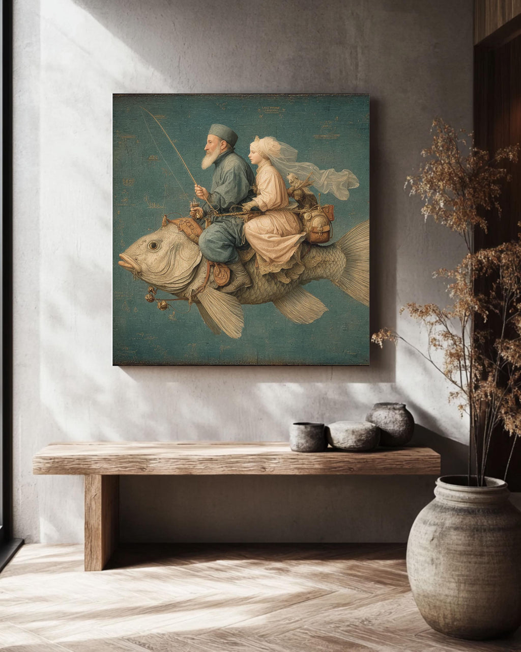 Vintage Fish Rider Canvas Print: Retro Surrealist Wall Art