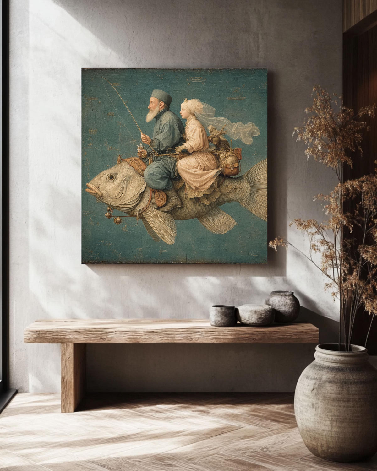 Vintage Fish Rider Canvas Print: Retro Surrealist Wall Art