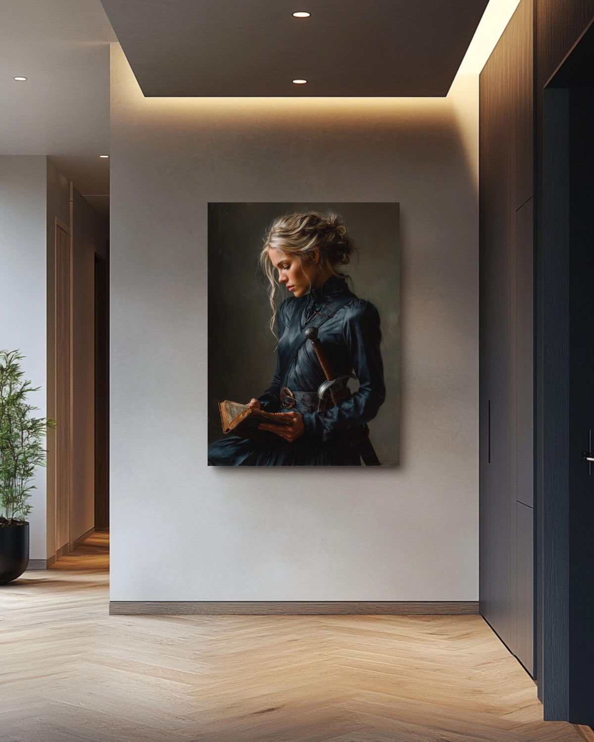 Female Warrior Canvas Art: Dark Academia Medieval Portrait
