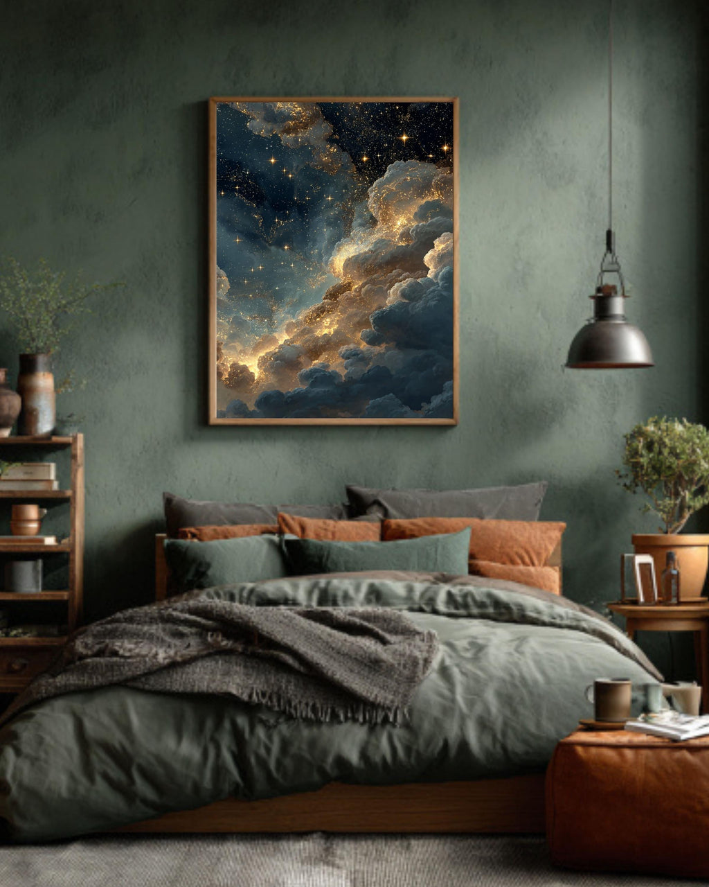 Starry Night Sky Canvas Art: Golden Cloudscape Galaxy Print