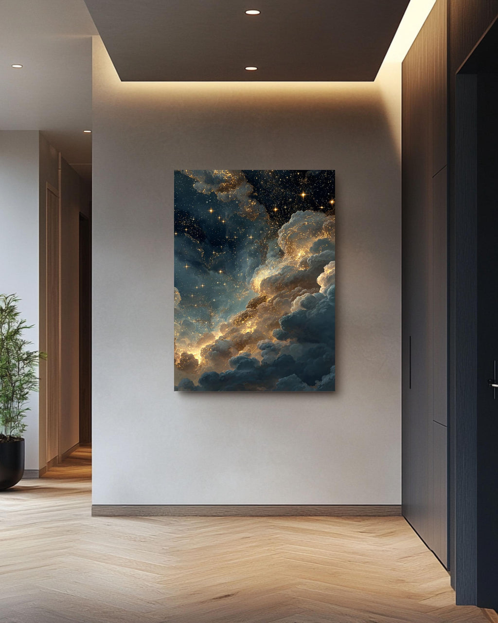 Starry Night Sky Canvas Art: Golden Cloudscape Galaxy Print