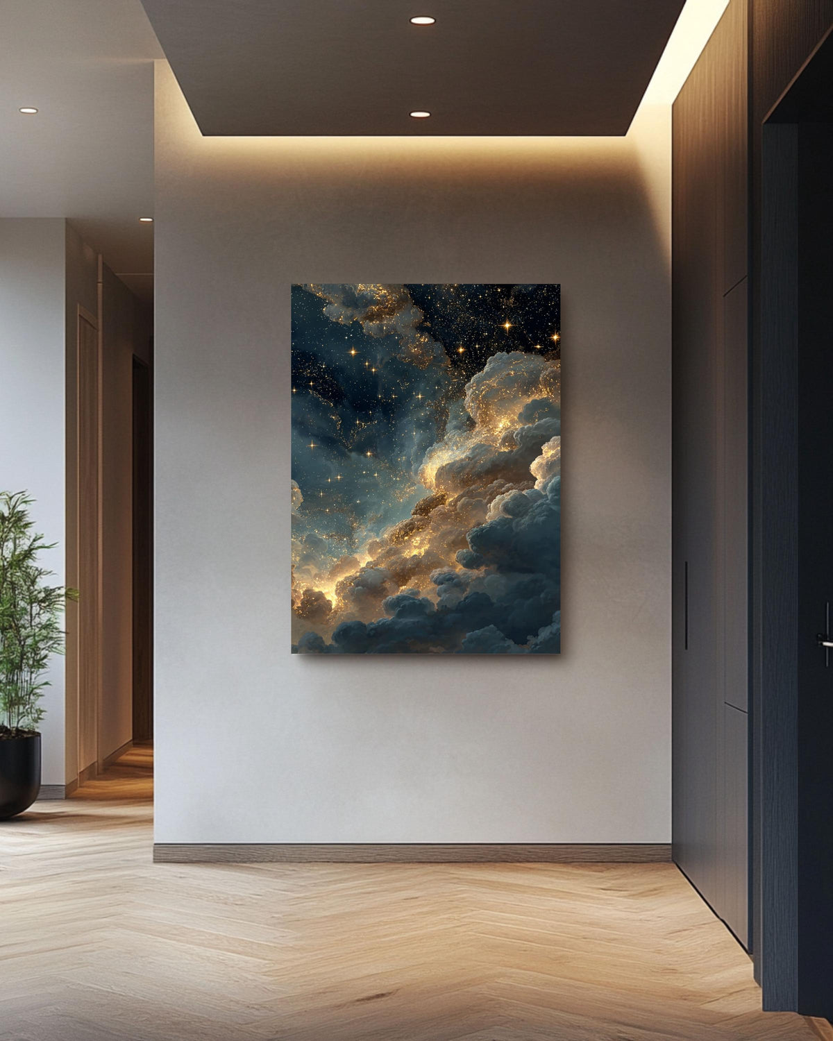 Starry Night Sky Canvas Art: Golden Cloudscape Galaxy Print
