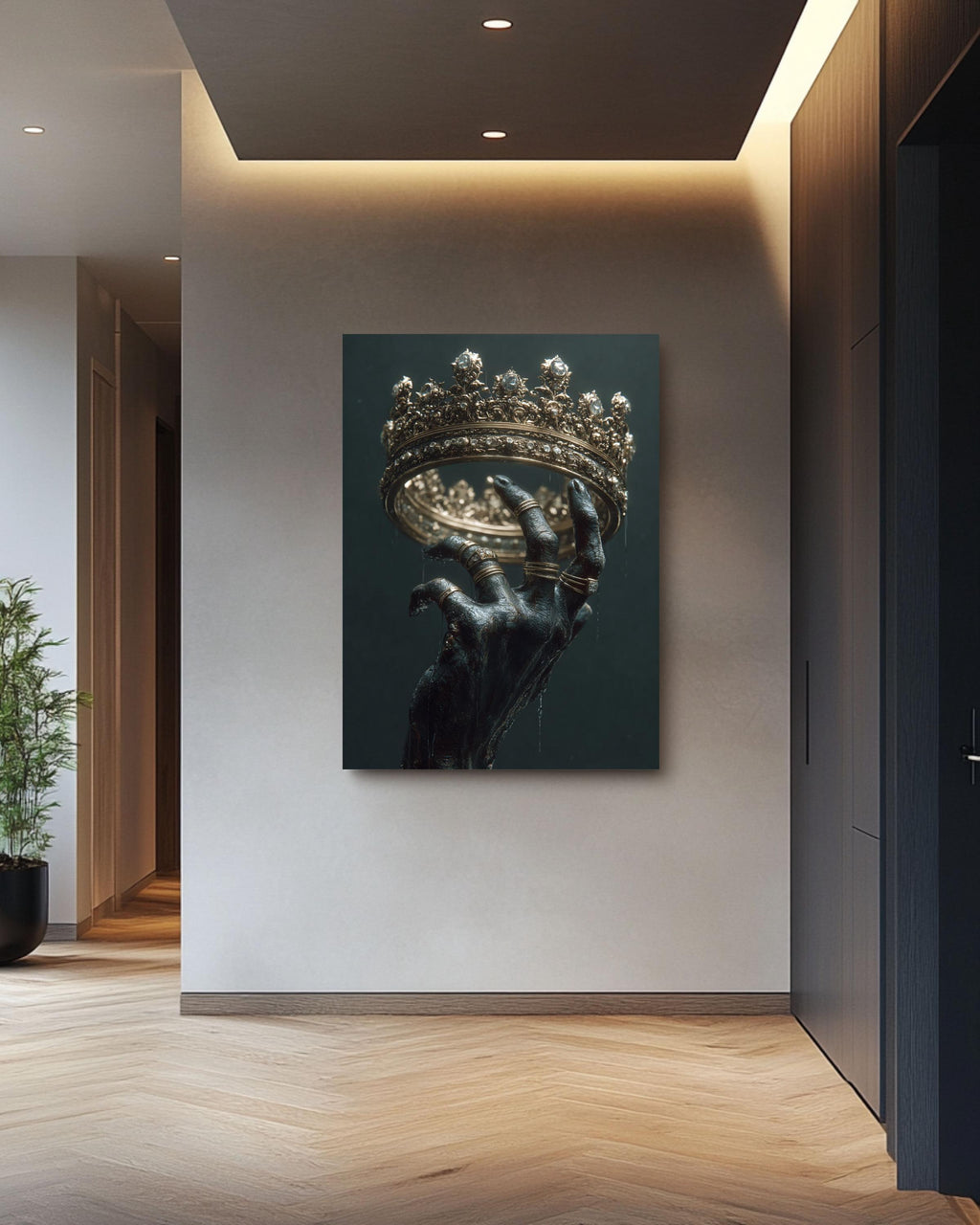 Majestic Golden Crown Hand Canvas Art - Regal Home Decor