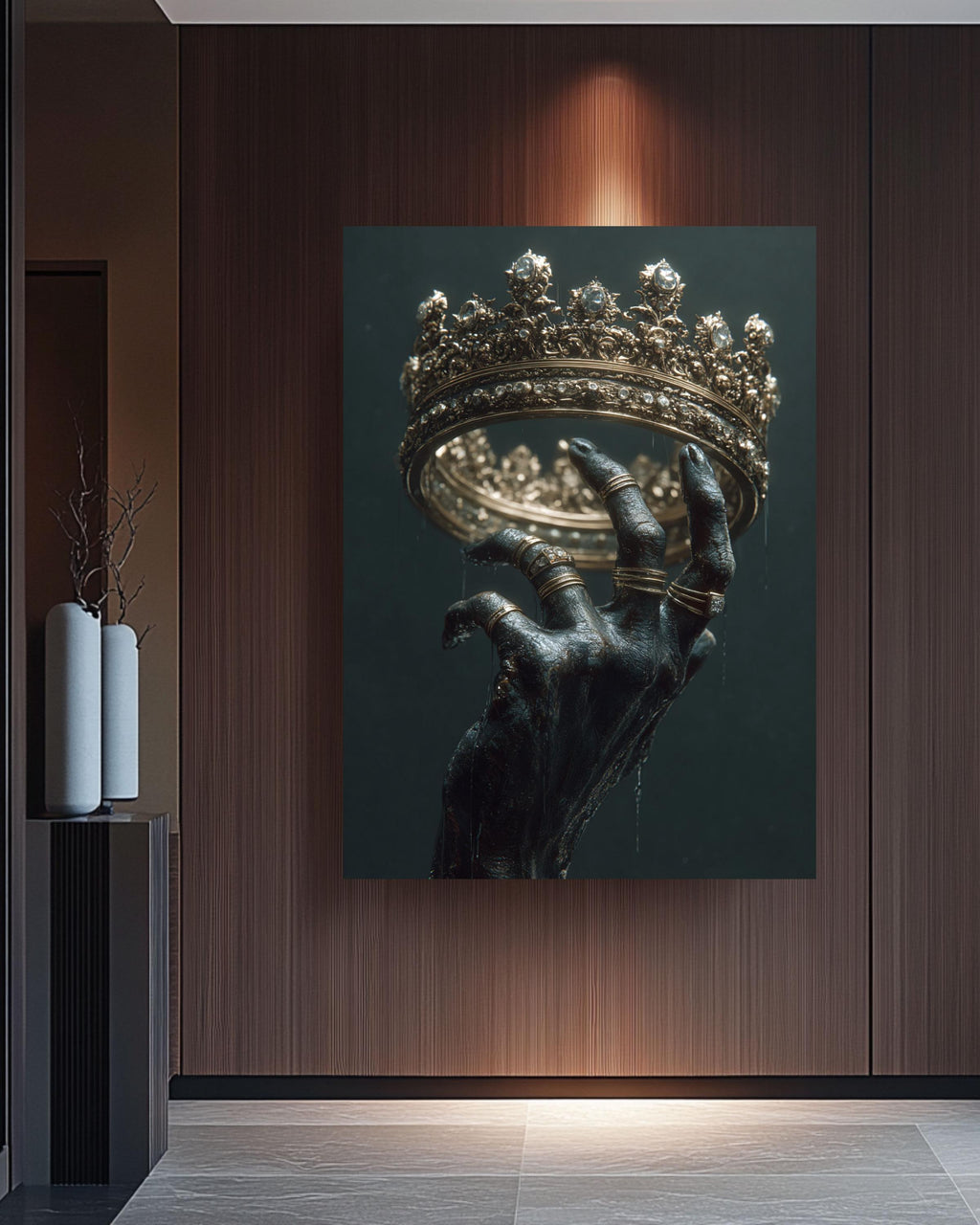 Majestic Golden Crown Hand Canvas Art - Regal Home Decor