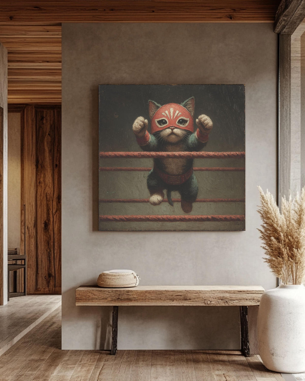 Lucha Libre Cat Canvas Art: Funny Vintage-Style Wrestling Portrait