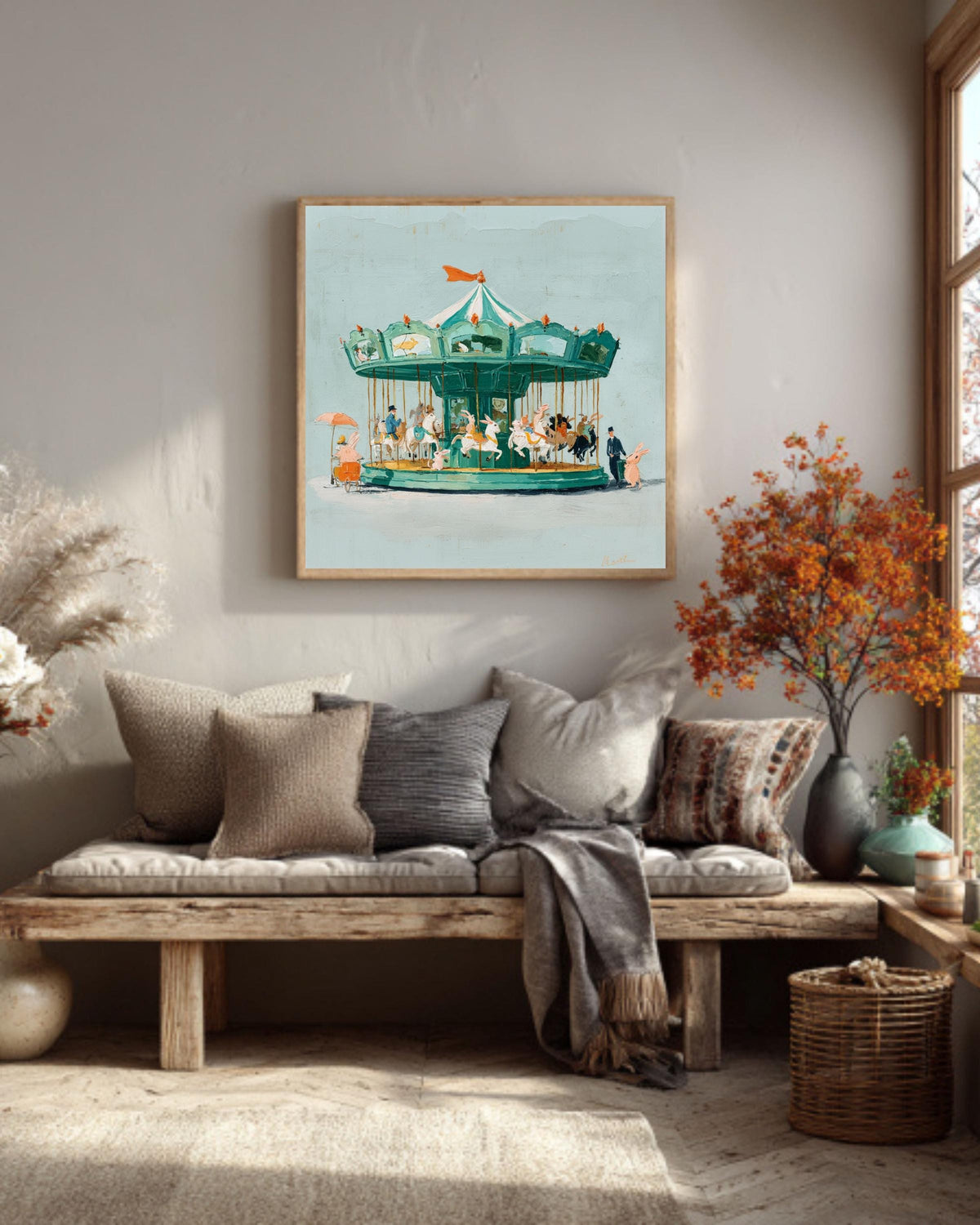 Rabbit Carousel Oil Painting: Whimsical Vintage Nursery Canvas