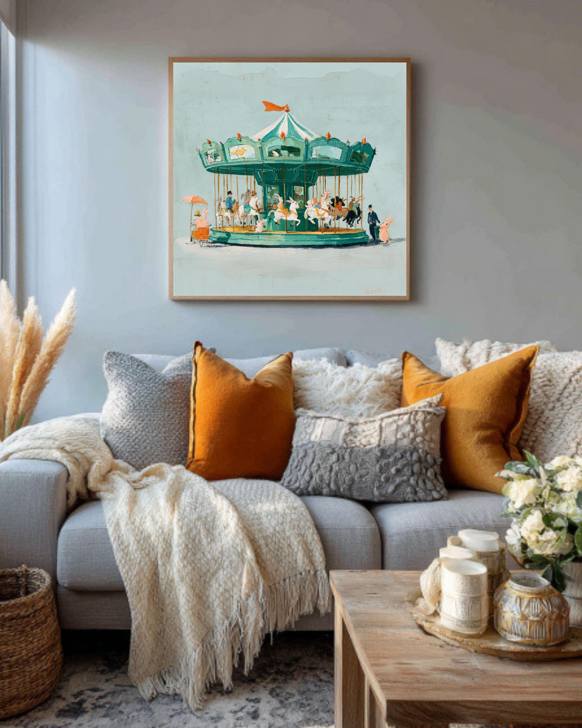 Rabbit Carousel Oil Painting: Whimsical Vintage Nursery Canvas