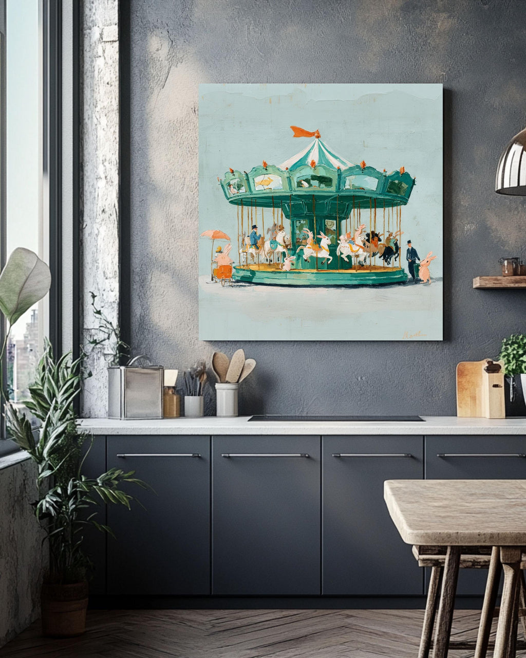 Rabbit Carousel Oil Painting: Whimsical Vintage Nursery Canvas