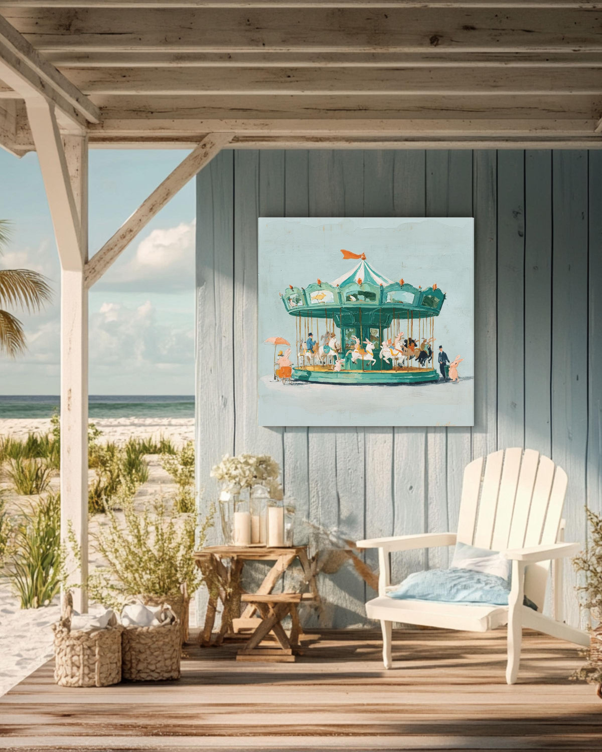 Rabbit Carousel Oil Painting: Whimsical Vintage Nursery Canvas