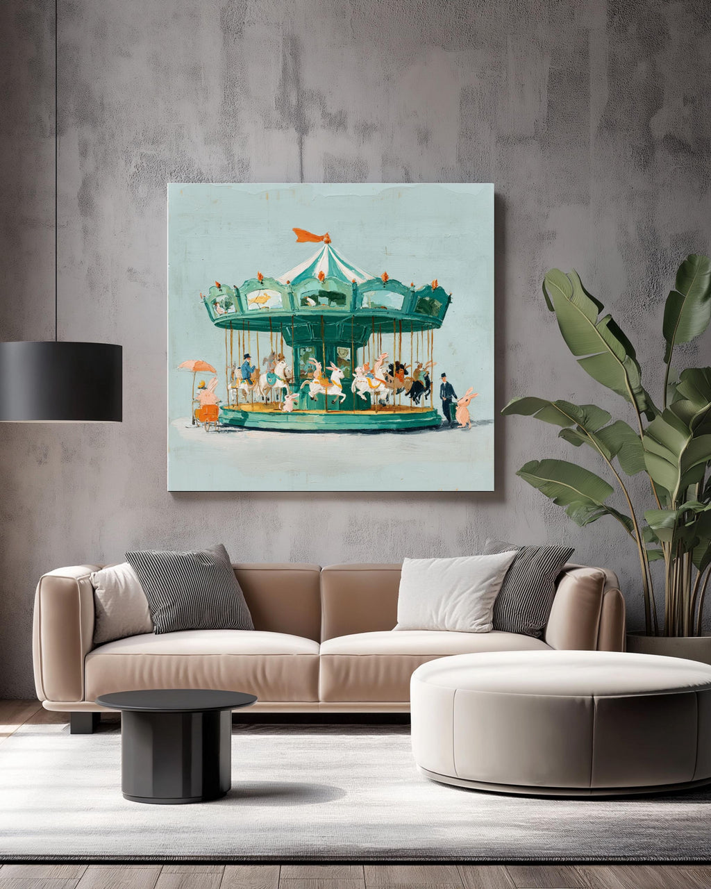 Rabbit Carousel Oil Painting: Whimsical Vintage Nursery Canvas