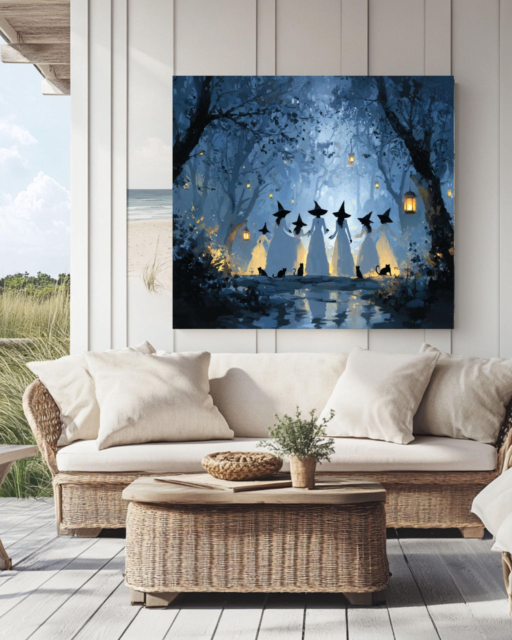 Witches in Forest Canvas Art: Gothic Halloween Black Cat Painting