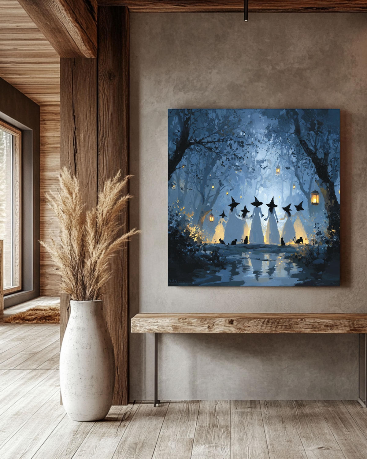 Witches in Forest Canvas Art: Gothic Halloween Black Cat Painting