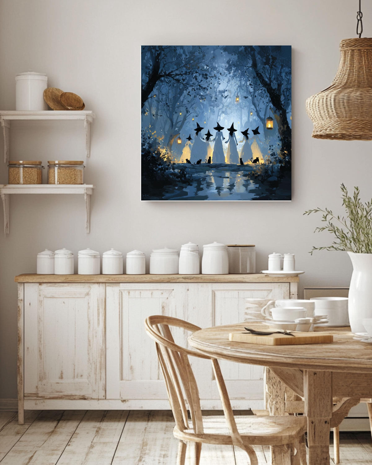 Witches in Forest Canvas Art: Gothic Halloween Black Cat Painting