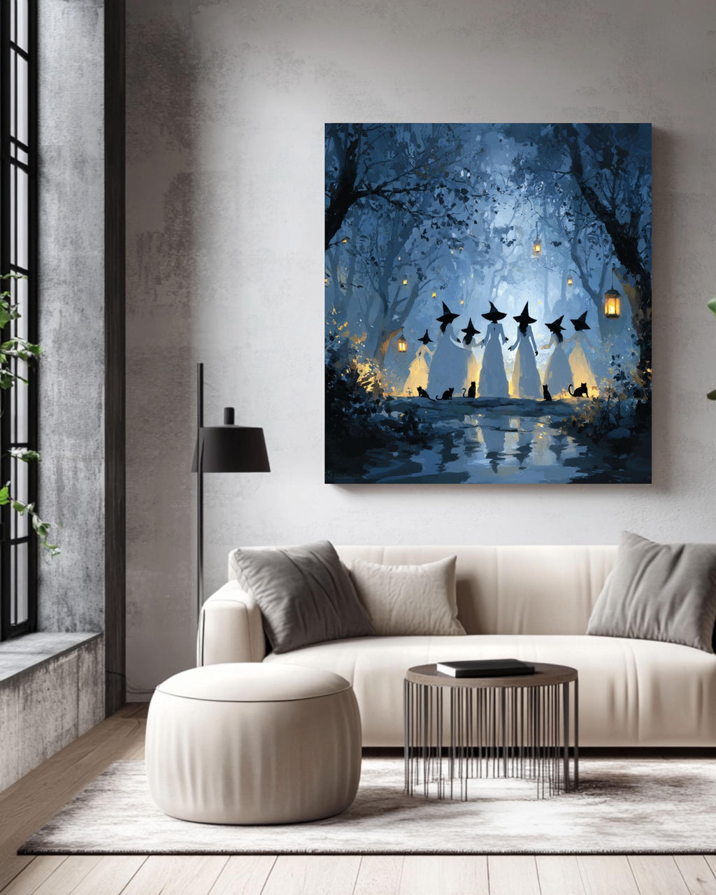 Witches in Forest Canvas Art: Gothic Halloween Black Cat Painting