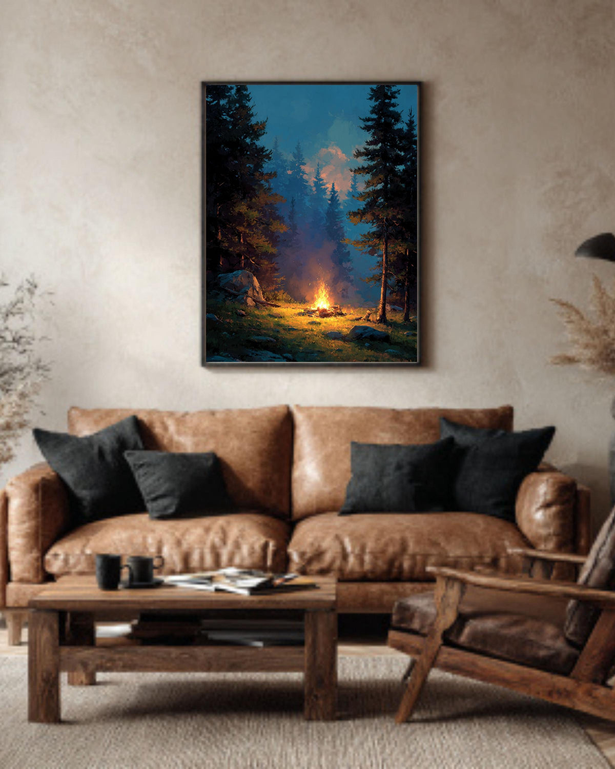 Campfire Canvas Print: Cozy Forest, Cabin Wall Art