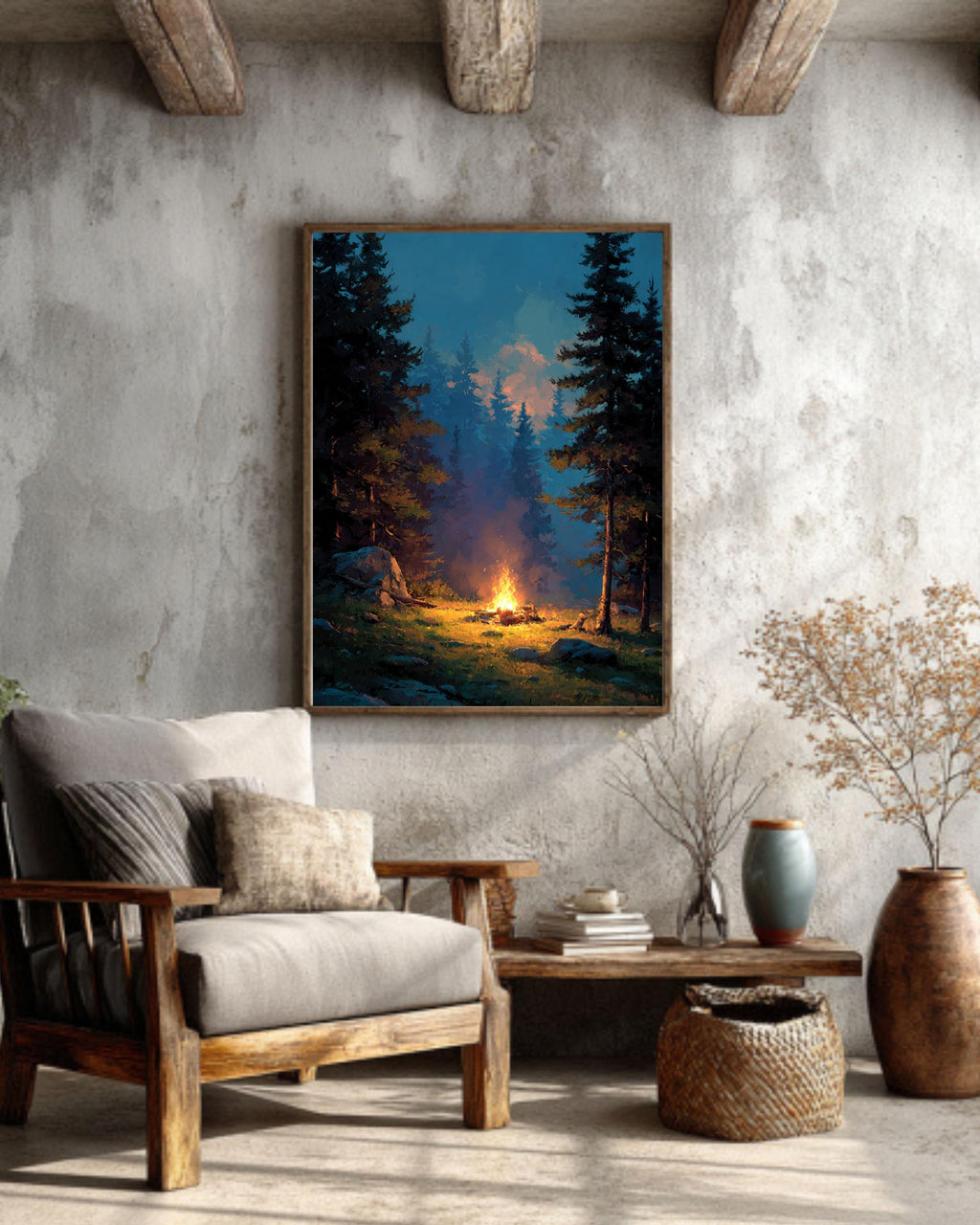 Campfire Canvas Print: Cozy Forest, Cabin Wall Art