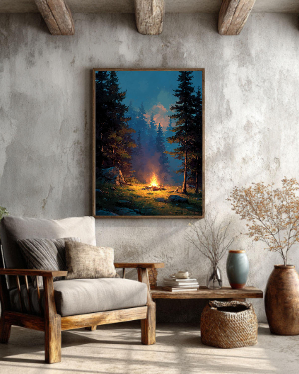 Campfire Canvas Print: Cozy Forest, Cabin Wall Art