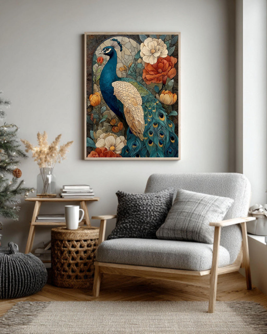 Peacock Stained Glass Canvas Print: Art Nouveau Floral Wall Decor