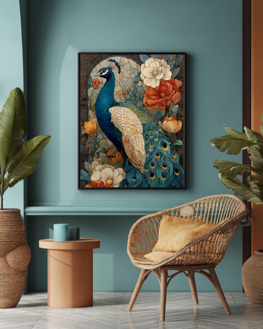Peacock Stained Glass Canvas Print: Art Nouveau Floral Wall Decor