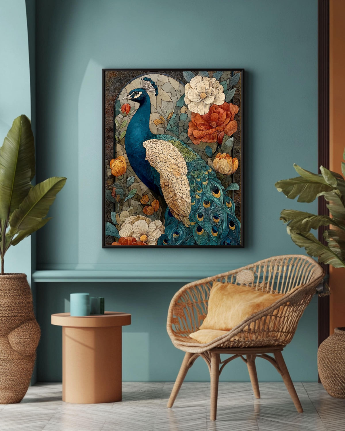 Peacock Stained Glass Canvas Print: Art Nouveau Floral Wall Decor