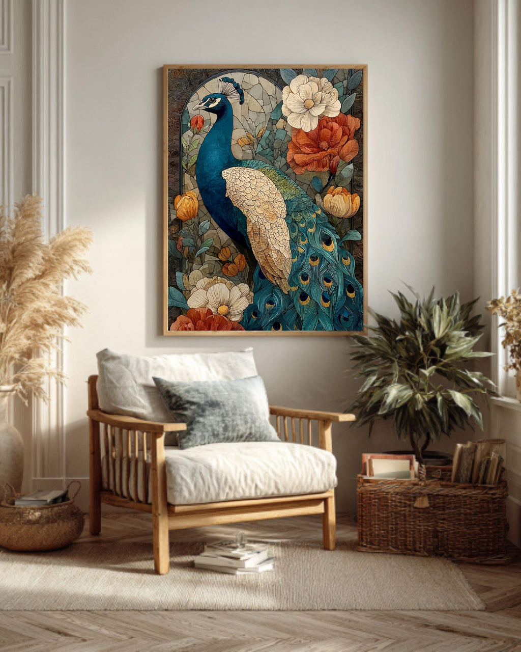 Peacock Stained Glass Canvas Print: Art Nouveau Floral Wall Decor