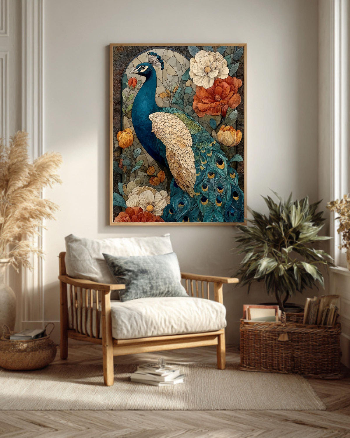 Peacock Stained Glass Canvas Print: Art Nouveau Floral Wall Decor