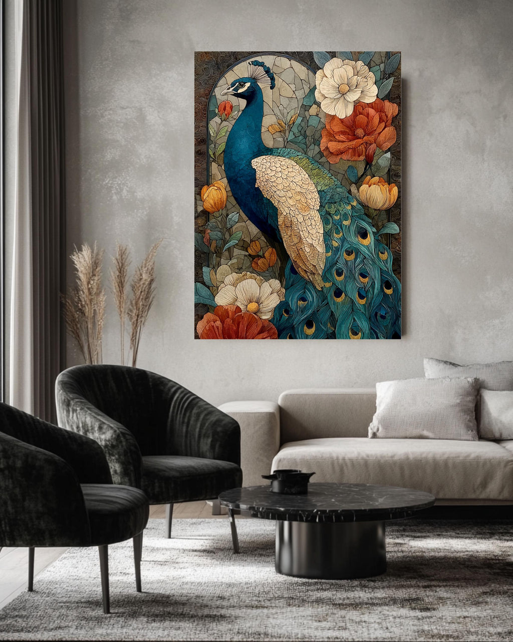Peacock Stained Glass Canvas Print: Art Nouveau Floral Wall Decor