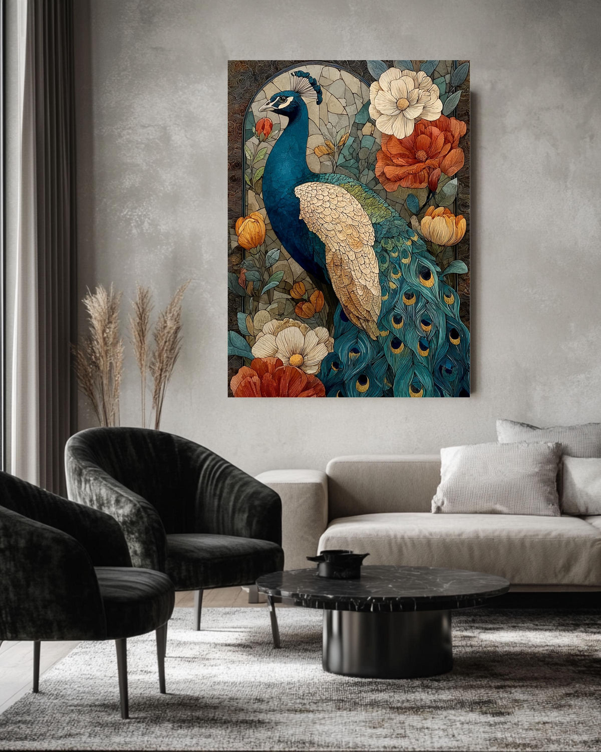 Peacock Stained Glass Canvas Print: Art Nouveau Floral Wall Decor