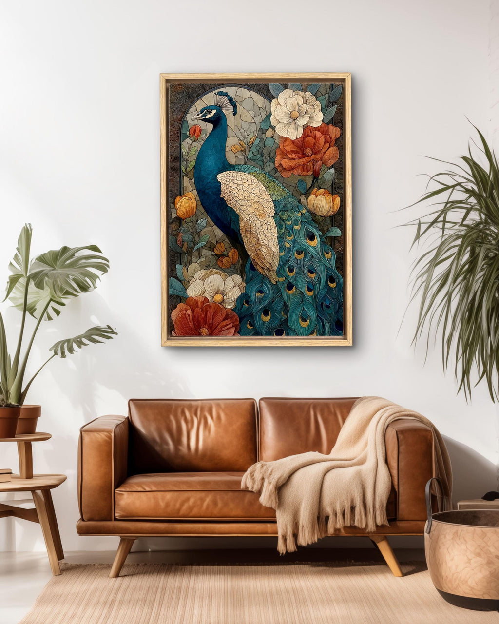 Peacock Stained Glass Canvas Print: Art Nouveau Floral Wall Decor