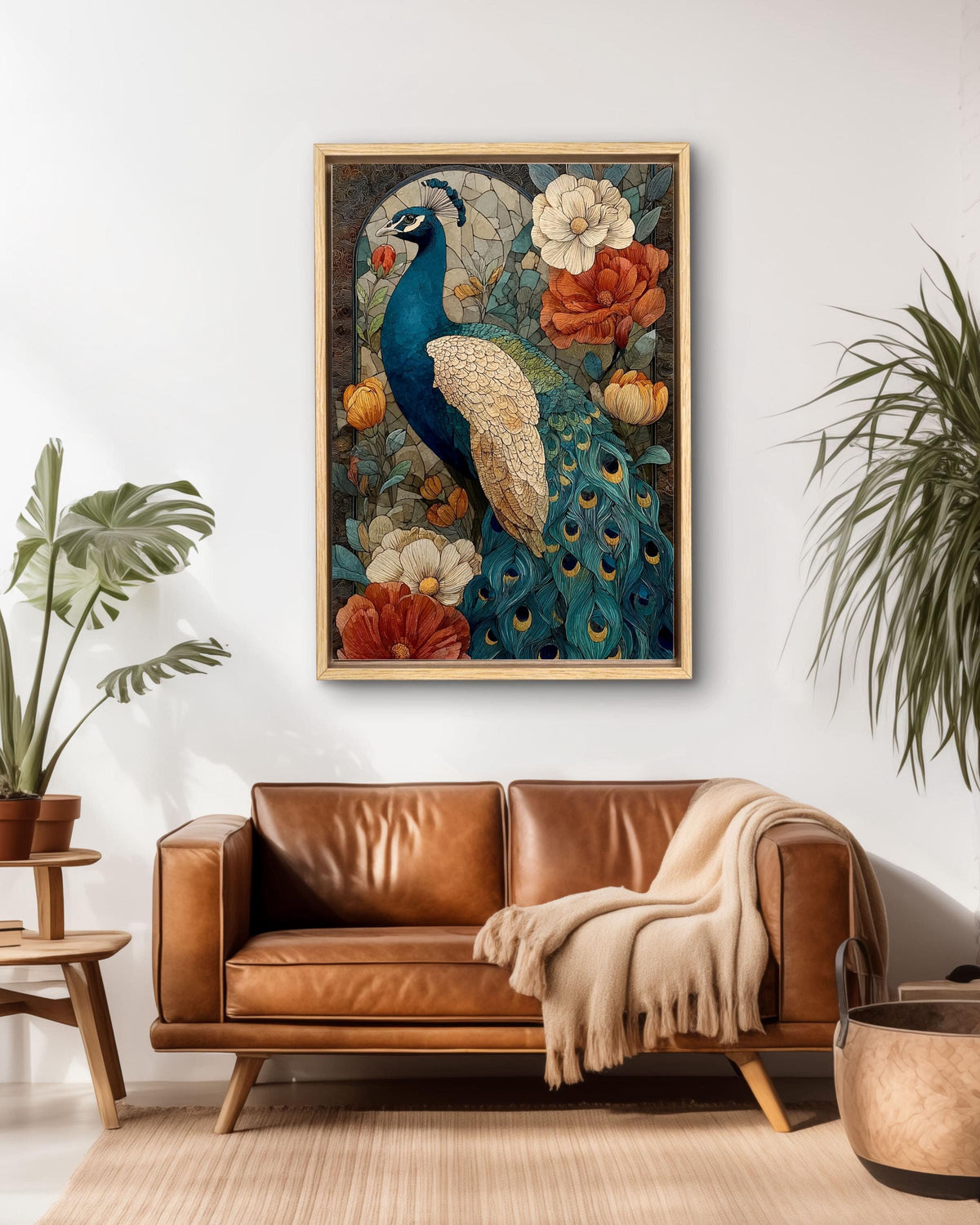 Peacock Stained Glass Canvas Print: Art Nouveau Floral Wall Decor