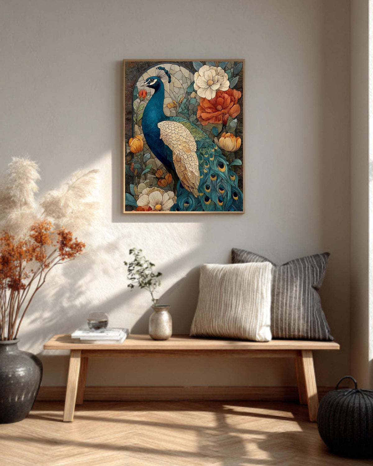 Peacock Stained Glass Canvas Print: Art Nouveau Floral Wall Decor