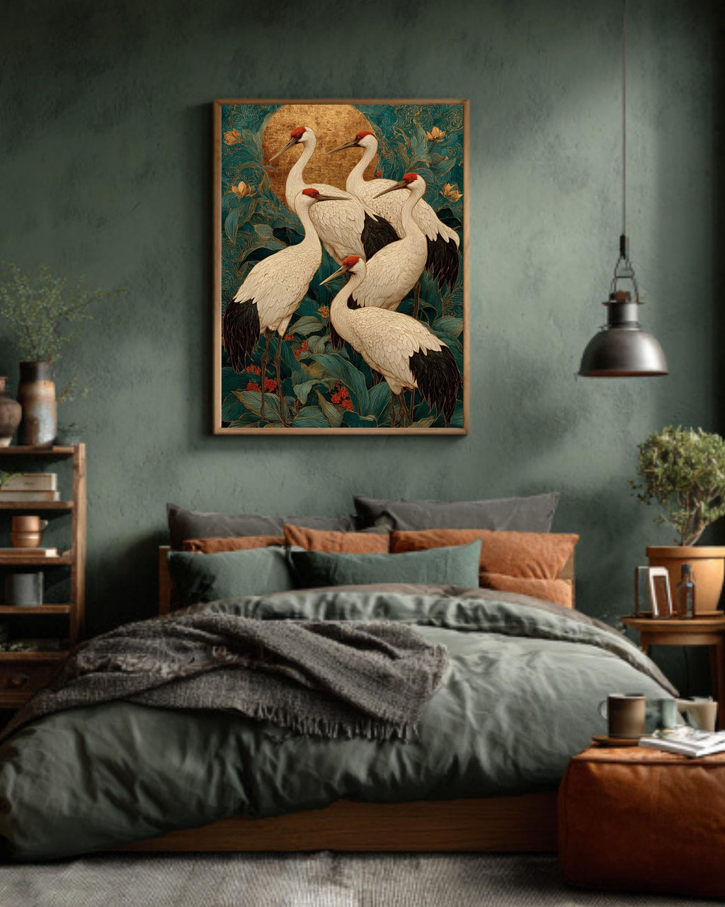 Japanese Crane Canvas Art: Teal Gold Ukiyo-e Print