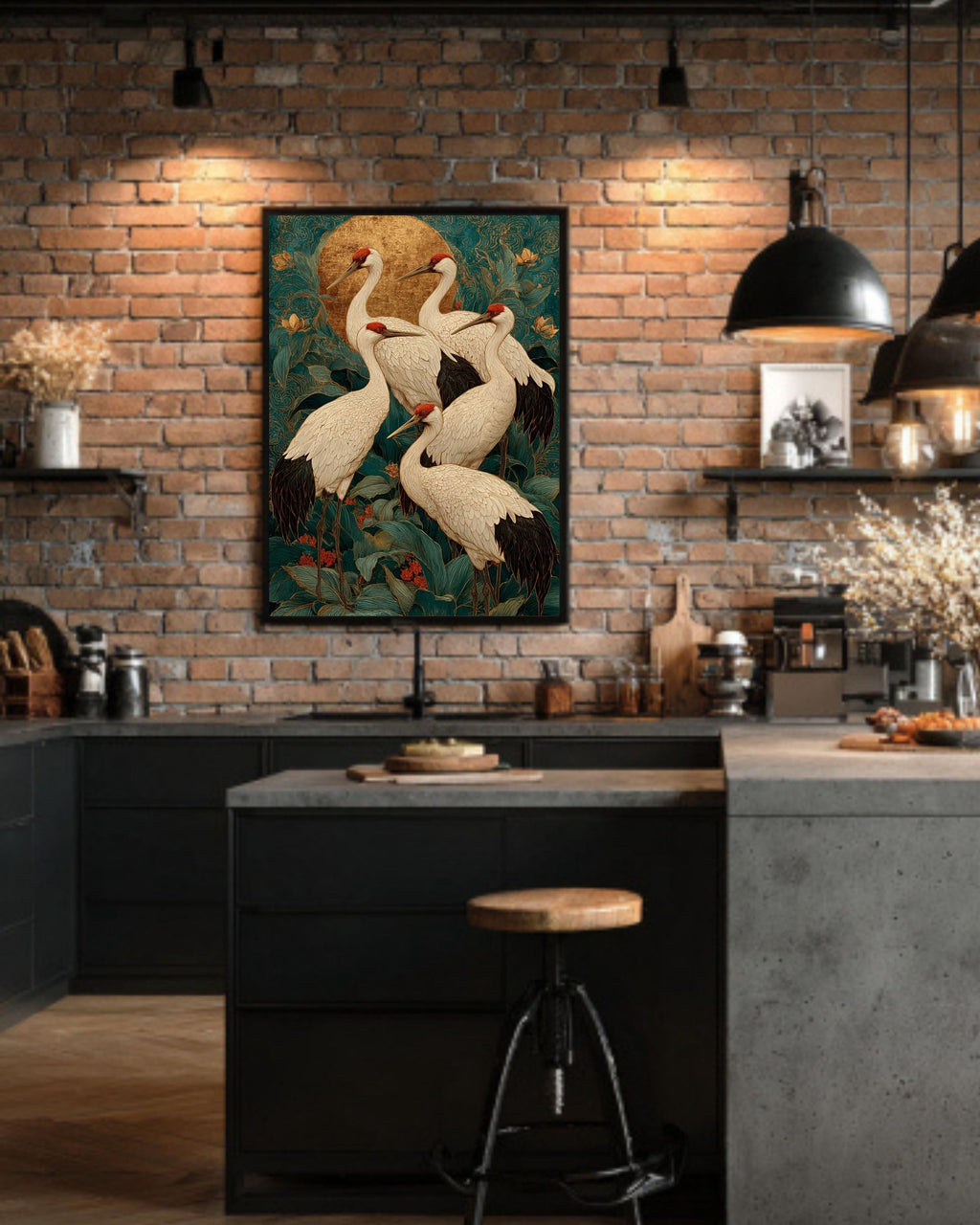 Japanese Crane Canvas Art: Teal Gold Ukiyo-e Print