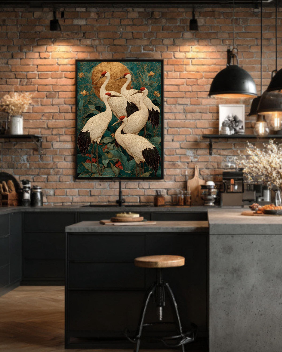 Japanese Crane Canvas Art: Teal Gold Ukiyo-e Print