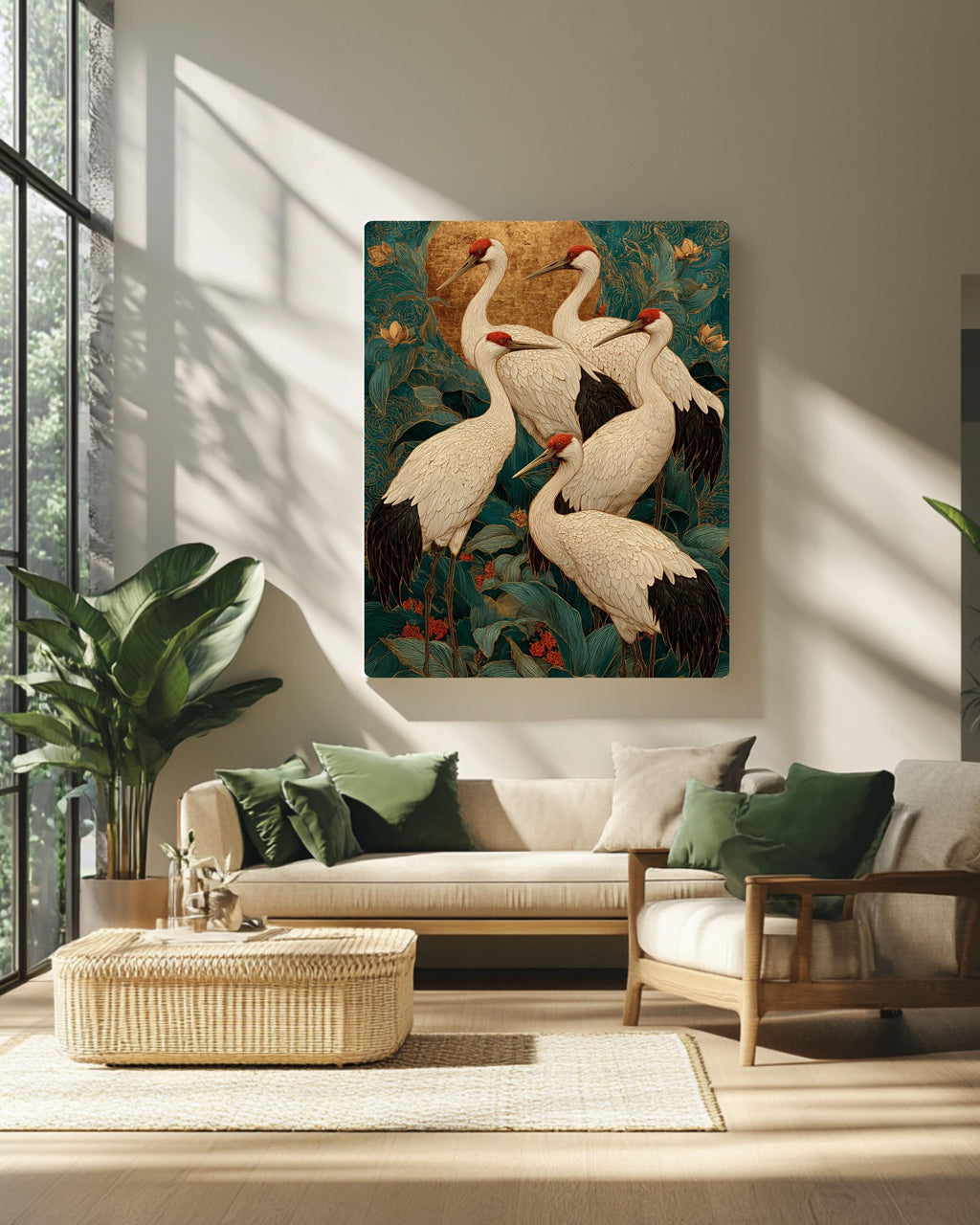 Japanese Crane Canvas Art: Teal Gold Ukiyo-e Print