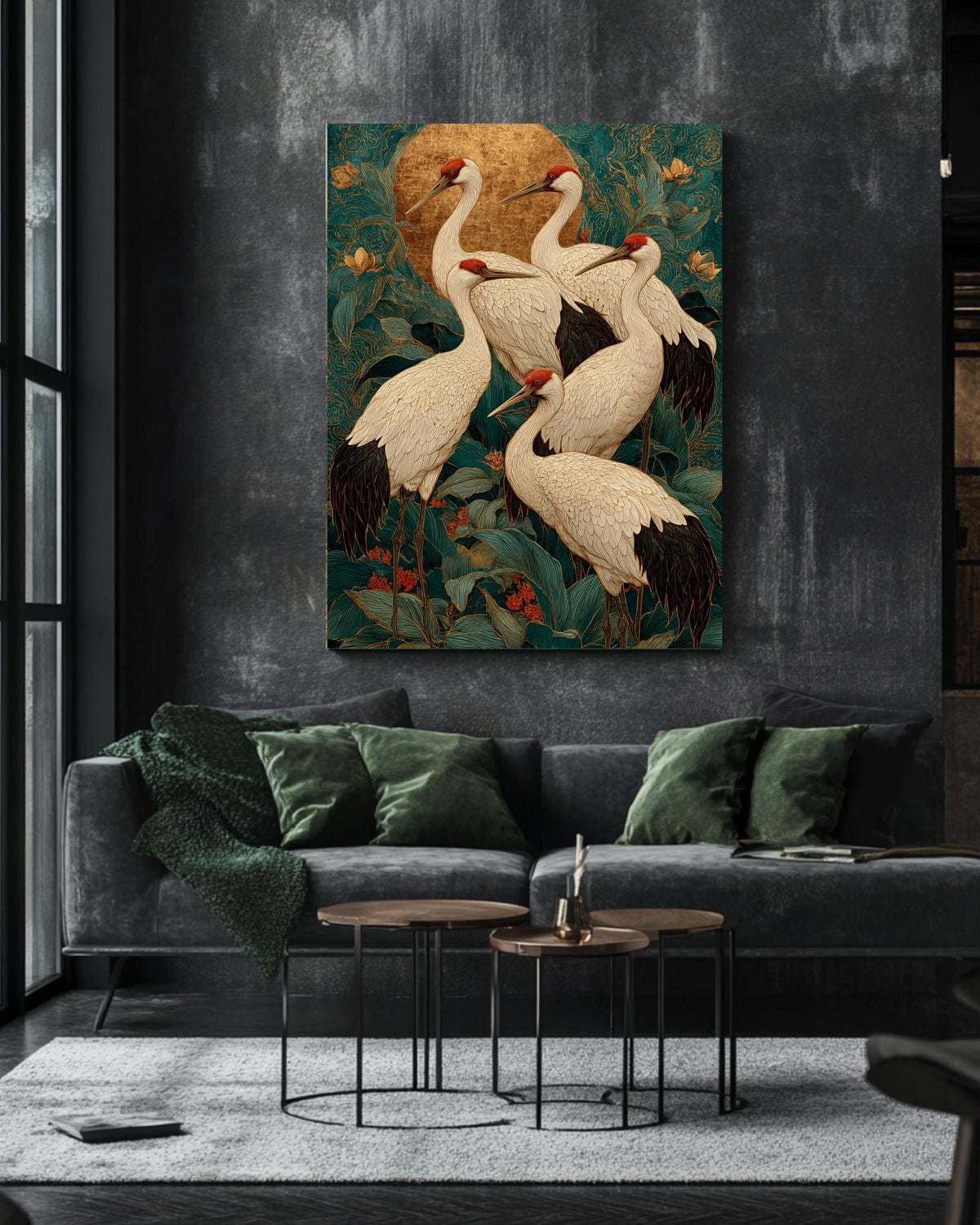 Japanese Crane Canvas Art: Teal Gold Ukiyo-e Print