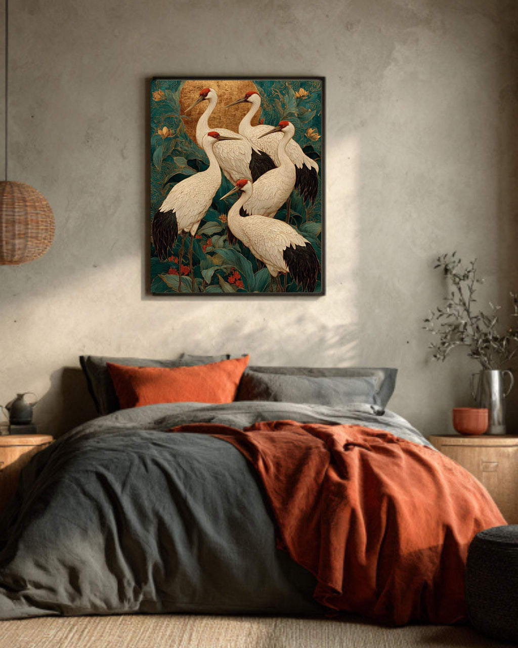 Japanese Crane Canvas Art: Teal Gold Ukiyo-e Print
