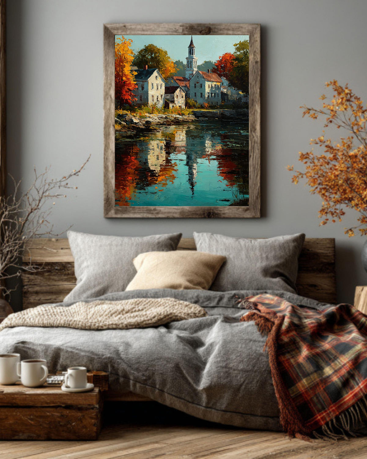 Autumn New England Town Canvas Art: Impressionist Fall Landscape Print