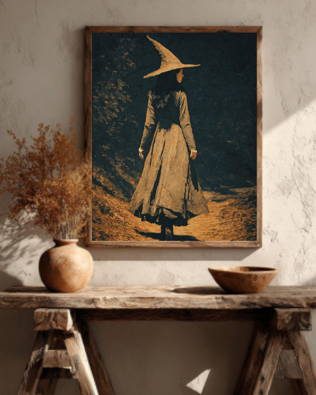 Moody Witch Canvas Art: Dark Academia Forest Painting