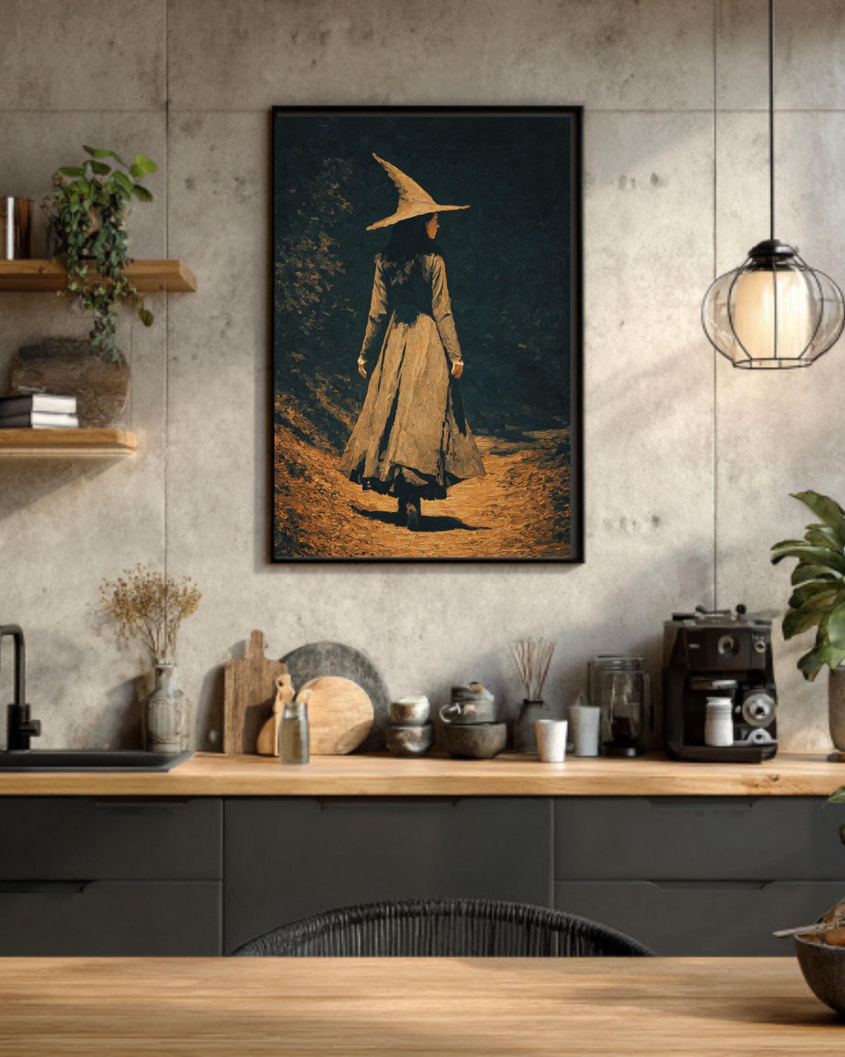 Moody Witch Canvas Art: Dark Academia Forest Painting