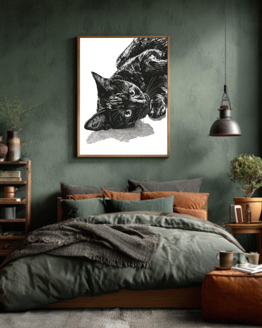 Black Cat Portrait Canvas Art: Minimalist Linocut Style Print